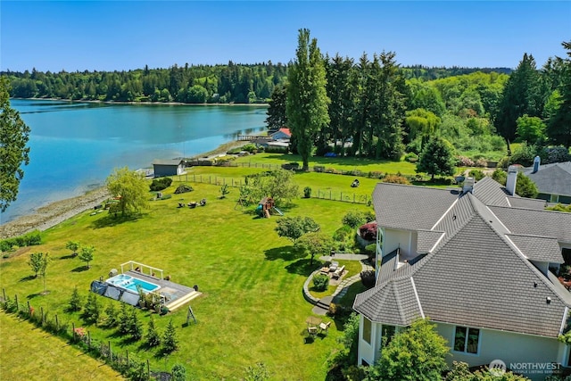 drone / aerial view featuring a water view