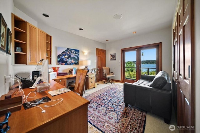 home office with french doors and recessed lighting