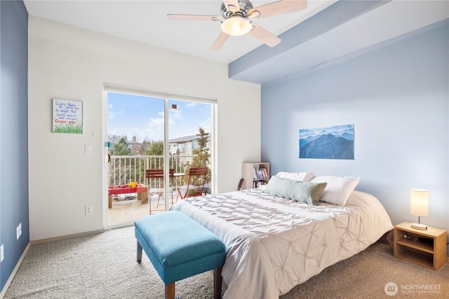 bedroom with carpet, access to exterior, and ceiling fan