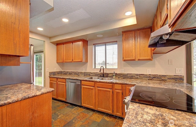 kitchen with extractor fan, sink, stove, dishwasher, and a textured ceiling