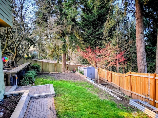 view of yard with a fenced backyard, an outdoor structure, and a storage shed