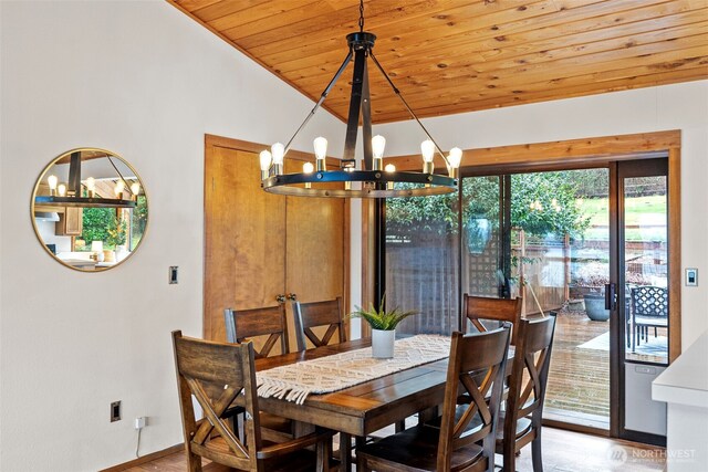 dining area featuring wood ceiling, wood finished floors, vaulted ceiling, and an inviting chandelier