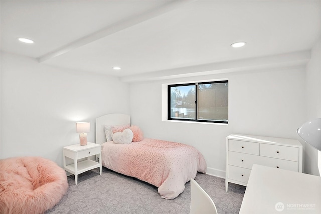 bedroom featuring recessed lighting, baseboards, and light colored carpet