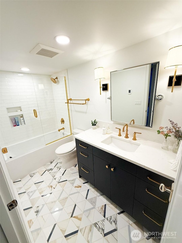 bathroom featuring visible vents, toilet, vanity, washtub / shower combination, and recessed lighting