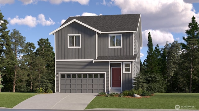 view of front property featuring a front lawn and a garage