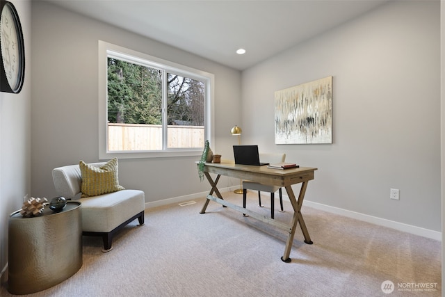 carpeted office with baseboards and recessed lighting