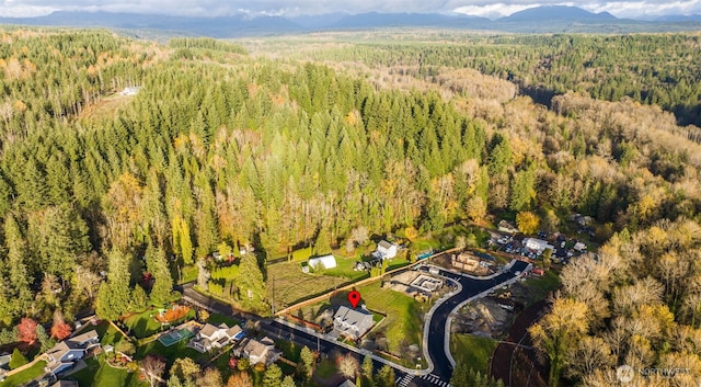 drone / aerial view with a mountain view and a wooded view