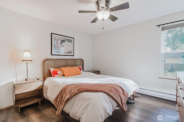 bedroom featuring baseboard heating, ceiling fan, and dark hardwood / wood-style flooring