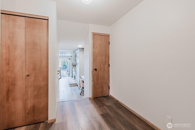 hallway with dark wood-type flooring