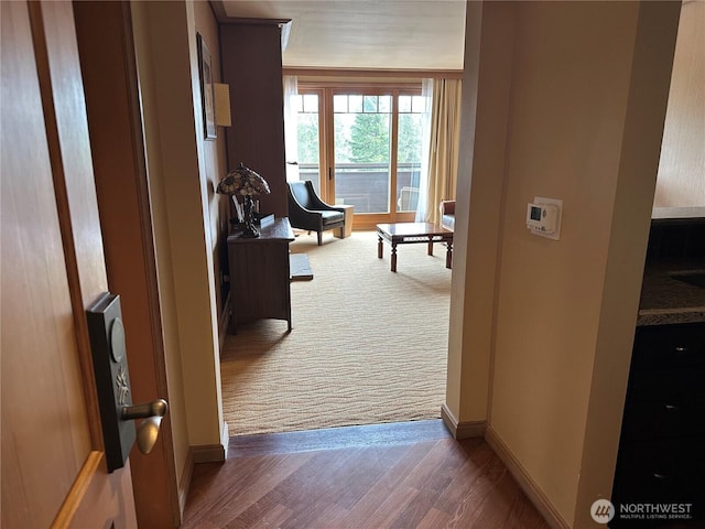 corridor with baseboards and wood finished floors