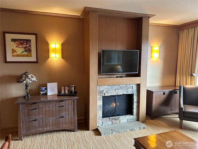 living area featuring a stone fireplace and light wood-type flooring