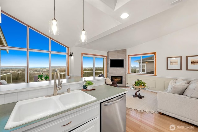 kitchen with vaulted ceiling, open floor plan, dishwasher, and a sink