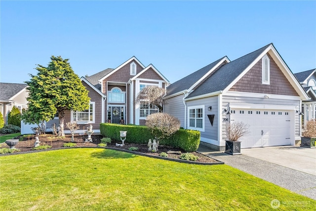 view of front of home with a garage, concrete driveway, and a front lawn