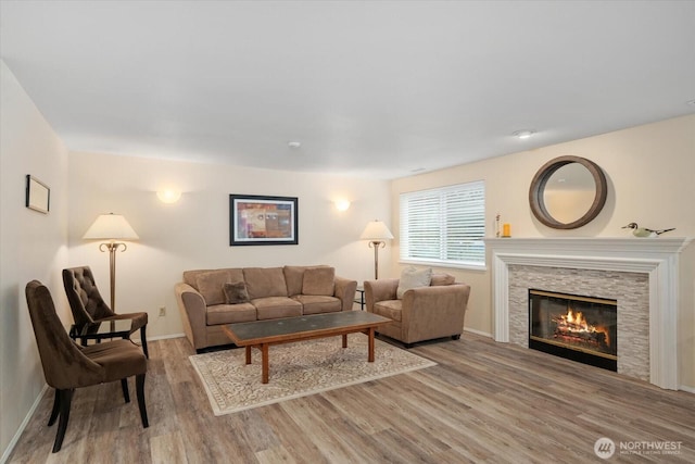 living room featuring a fireplace and light wood-type flooring