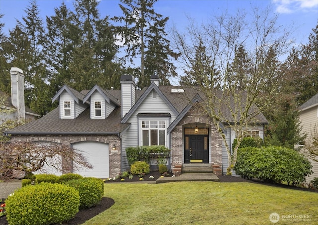 view of front of home featuring roof with shingles, a front yard, brick siding, and a garage