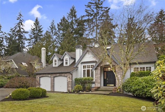 view of front of home featuring brick siding, driveway, a garage, roof with shingles, and a front lawn