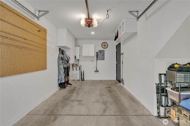 garage with electric panel, baseboards, tankless water heater, and a garage door opener