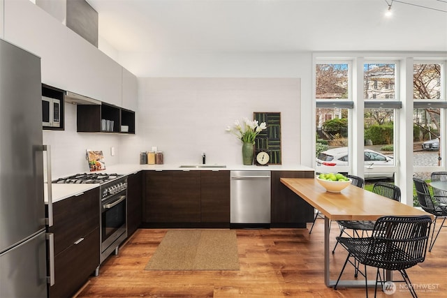 kitchen featuring a sink, light countertops, appliances with stainless steel finishes, light wood finished floors, and modern cabinets