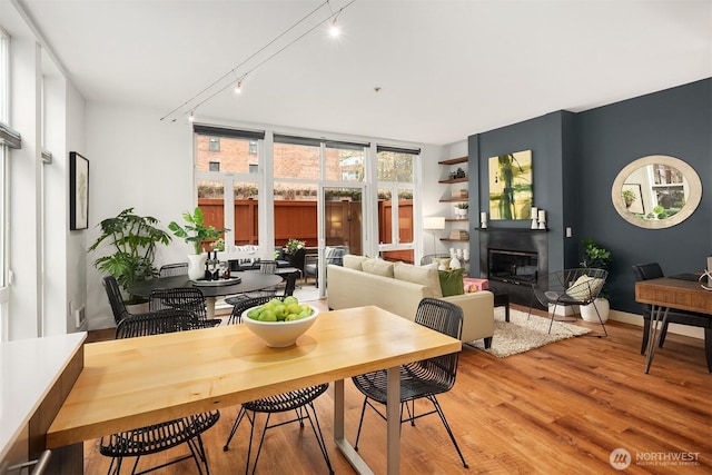 dining room featuring light wood-type flooring, a glass covered fireplace, rail lighting, and baseboards