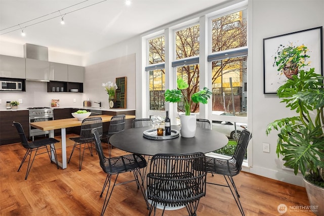 dining space with track lighting, baseboards, and light wood finished floors