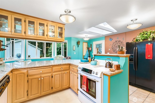 kitchen featuring light stone counters, a skylight, black fridge, white electric range oven, and stainless steel dishwasher