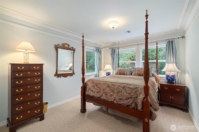 bedroom featuring ornamental molding, multiple windows, and light colored carpet