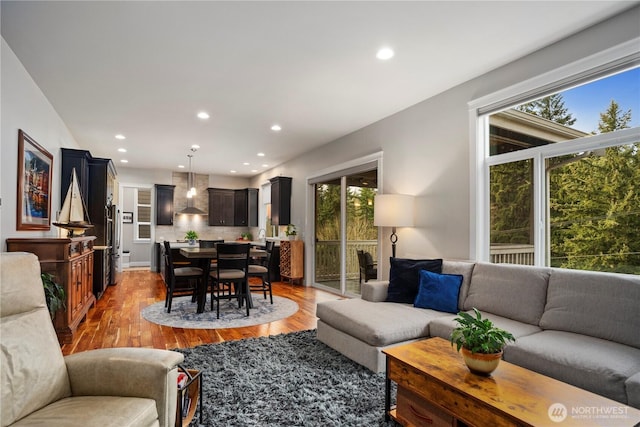 living area featuring wood finished floors and recessed lighting