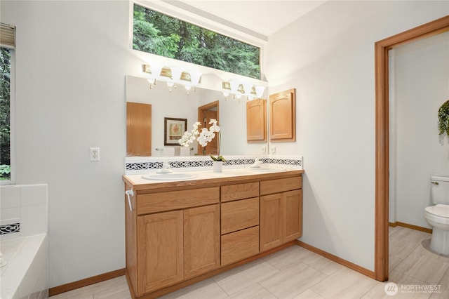 bathroom featuring toilet, vanity, and a tub