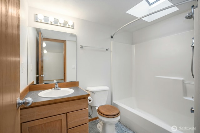 full bathroom featuring toilet, a skylight, shower / bathing tub combination, and vanity