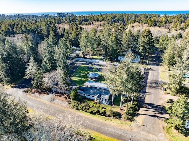 bird's eye view with a water view and a view of trees