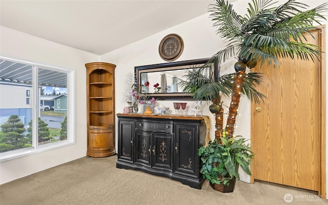 interior space featuring lofted ceiling and carpet flooring