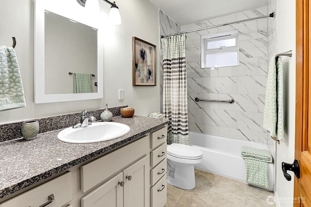 bathroom with toilet, shower / bath combo, and vanity