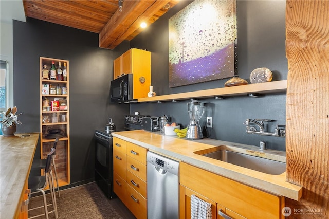 kitchen with beam ceiling, butcher block counters, a sink, wooden ceiling, and black appliances