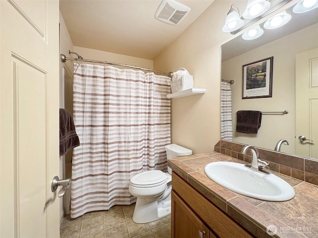 full bathroom featuring visible vents, toilet, curtained shower, tile patterned flooring, and vanity