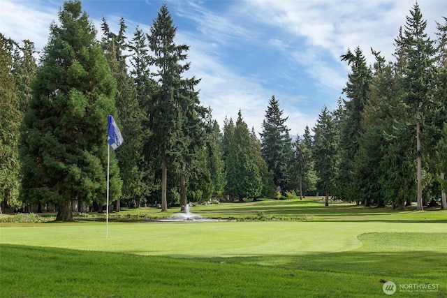 view of property's community with a lawn and golf course view