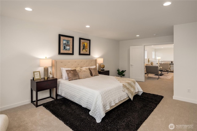 bedroom featuring baseboards, carpet flooring, and recessed lighting