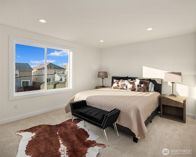 bedroom featuring carpet floors, recessed lighting, and baseboards