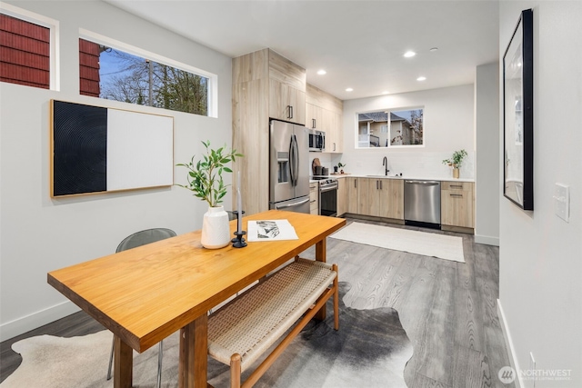 dining area featuring sink and hardwood / wood-style floors