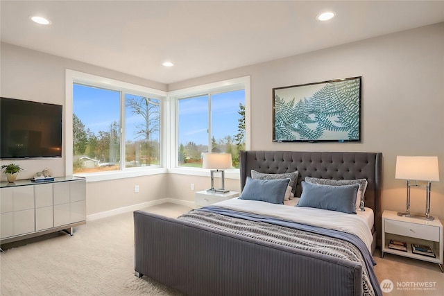 carpeted bedroom with baseboards and recessed lighting