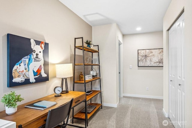 home office featuring recessed lighting, light carpet, and baseboards