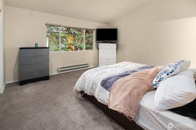 carpeted bedroom featuring lofted ceiling, baseboards, and a baseboard heating unit