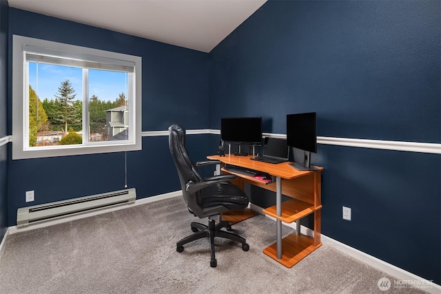 office area featuring a baseboard heating unit, vaulted ceiling, carpet flooring, and baseboards