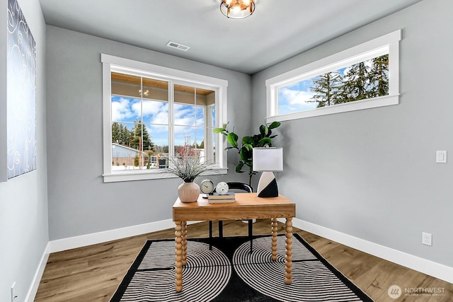 office with a wealth of natural light, baseboards, and wood finished floors