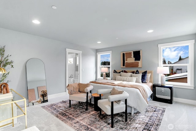 bedroom with light carpet, baseboards, and recessed lighting