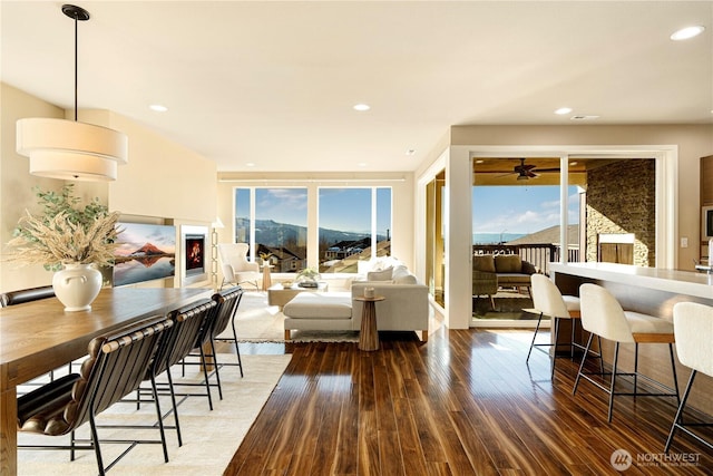 living room with dark hardwood / wood-style flooring and a mountain view