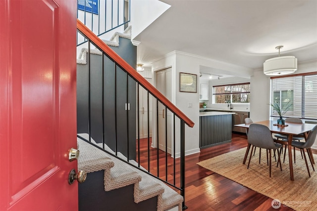 foyer entrance with dark wood-style flooring, ornamental molding, and stairway