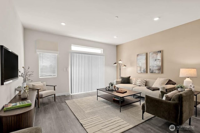 living room with dark hardwood / wood-style flooring