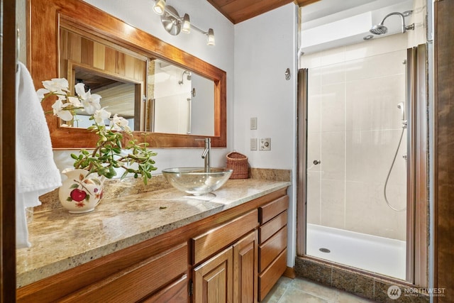 bathroom with a stall shower and vanity