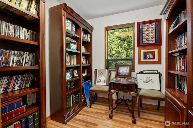 living area featuring light wood-style floors and bookshelves