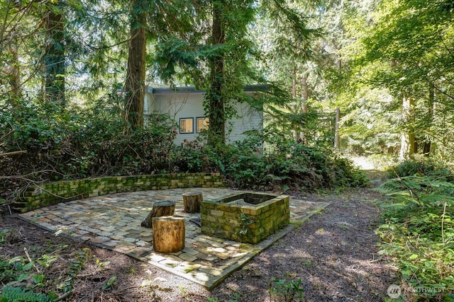 view of yard featuring a patio area and a fire pit